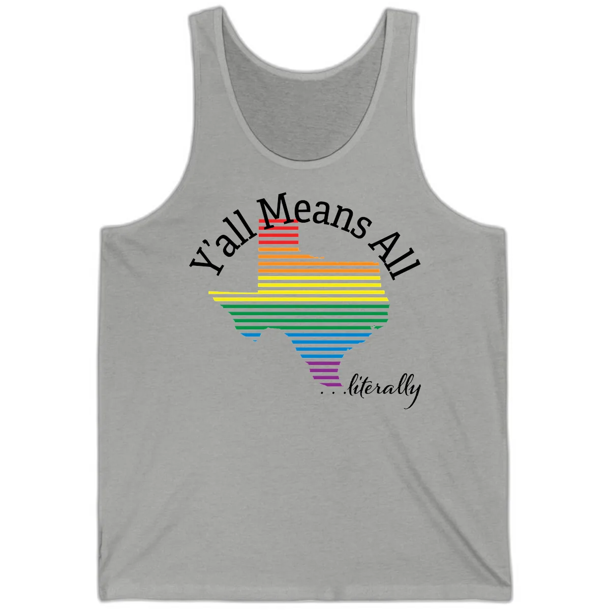 Y'all Means All Rainbow Funnel Tank in Athletic Heather