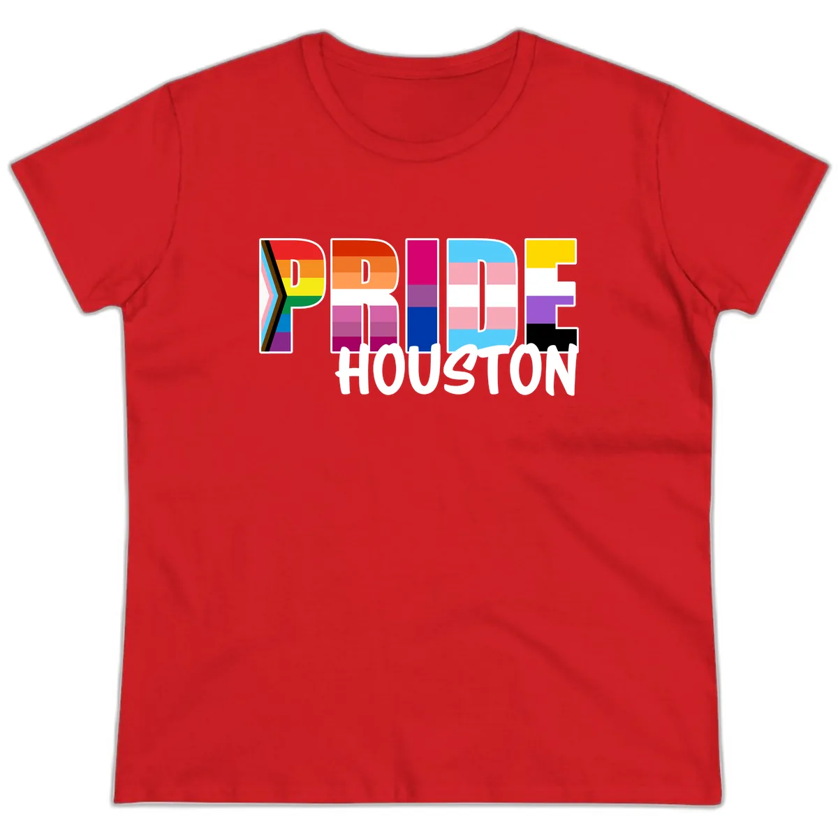 Pride Houston Rainbow Lettering Ladies Tee in Red
