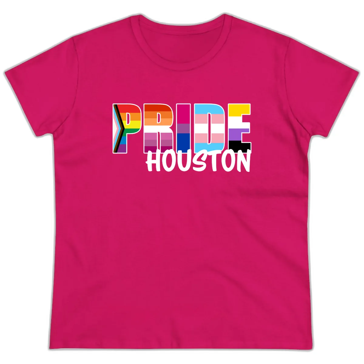 Pride Houston Rainbow Lettering Ladies Tee in Heliconia