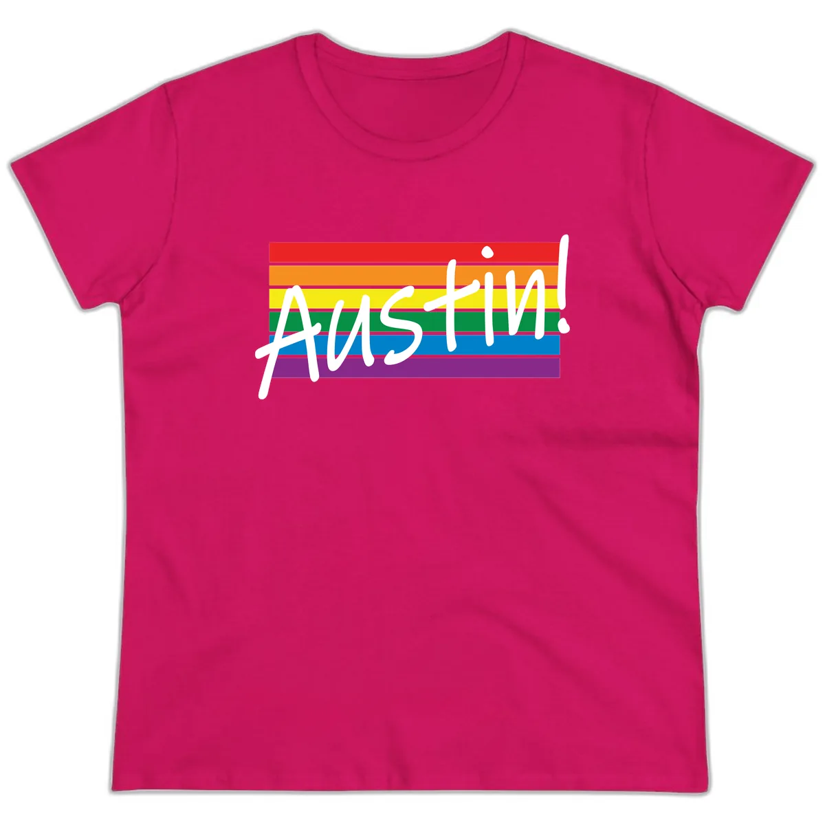 Austin Pride Rainbow Flag Ladies Tee in Heliconia
