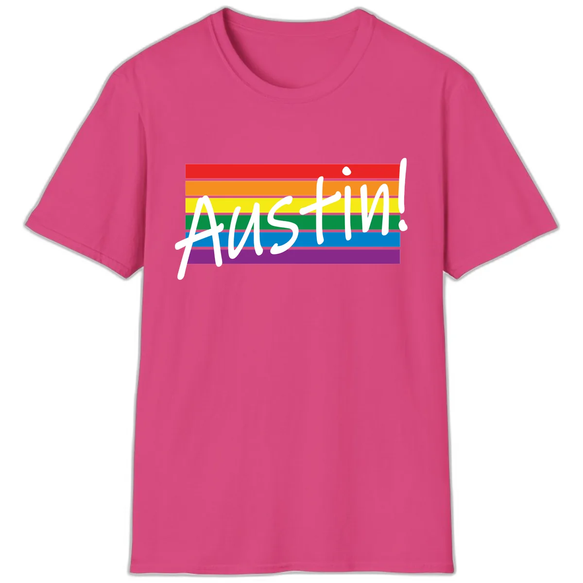 Austin Pride Rainbow Flag T-Shirt in Heliconia
