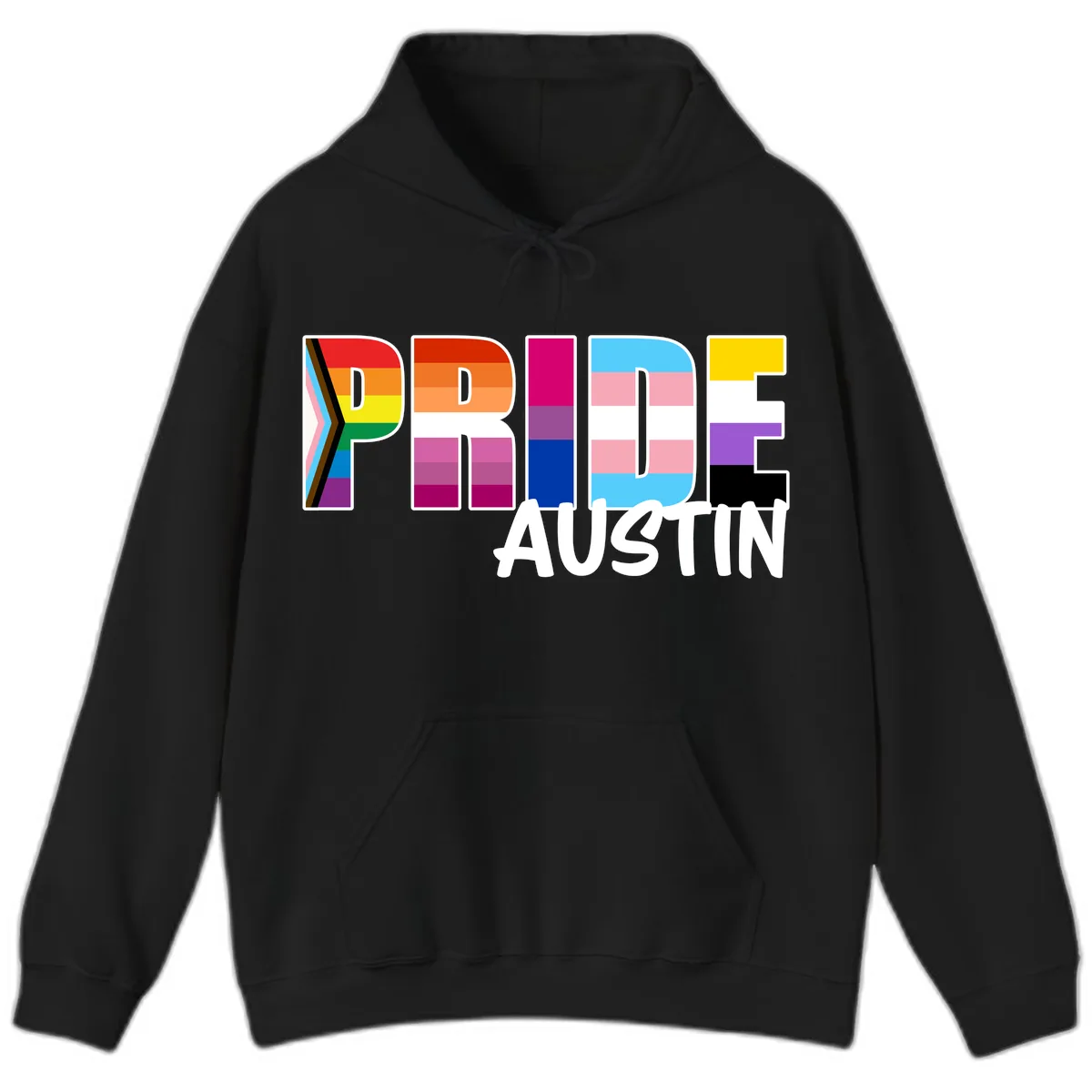 Pride Austin Rainbow Letters Hoodie in Black