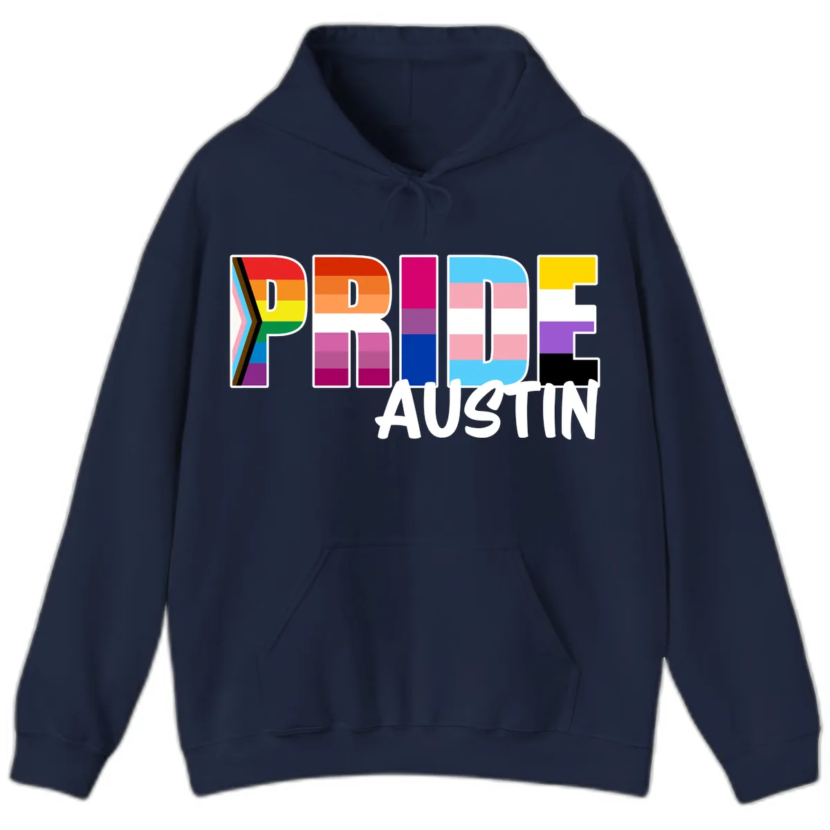 Pride Austin Rainbow Letters Hoodie in Navy