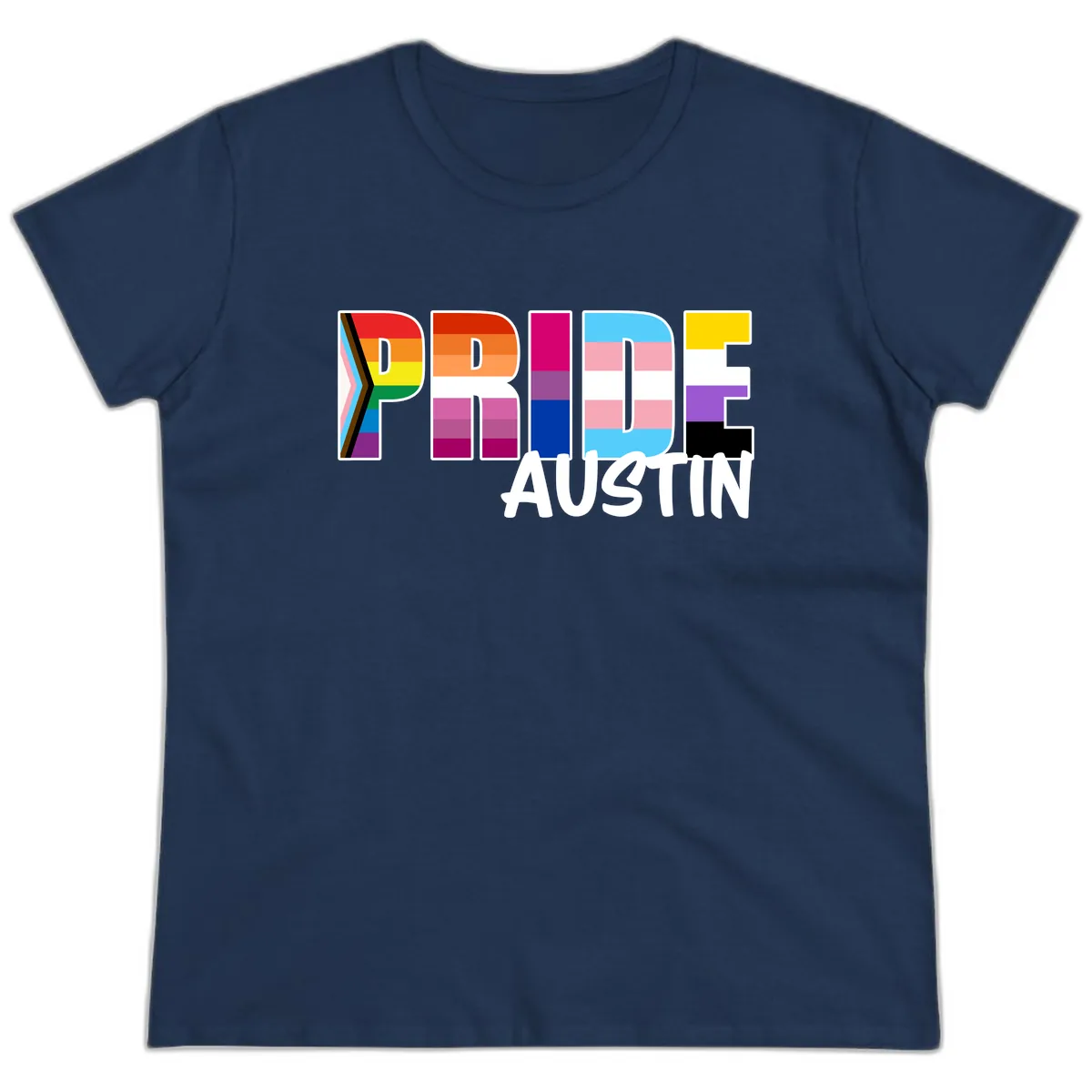 Pride Austin Rainbow Letters Ladies Tee in Navy