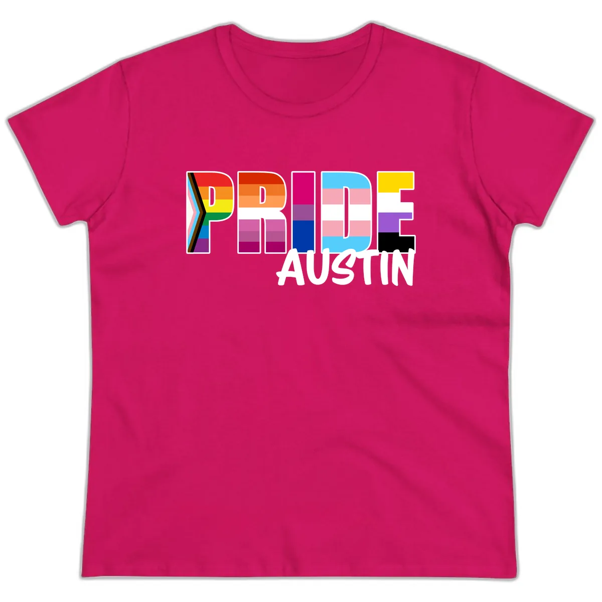 Pride Austin Rainbow Letters Ladies Tee in Heliconia