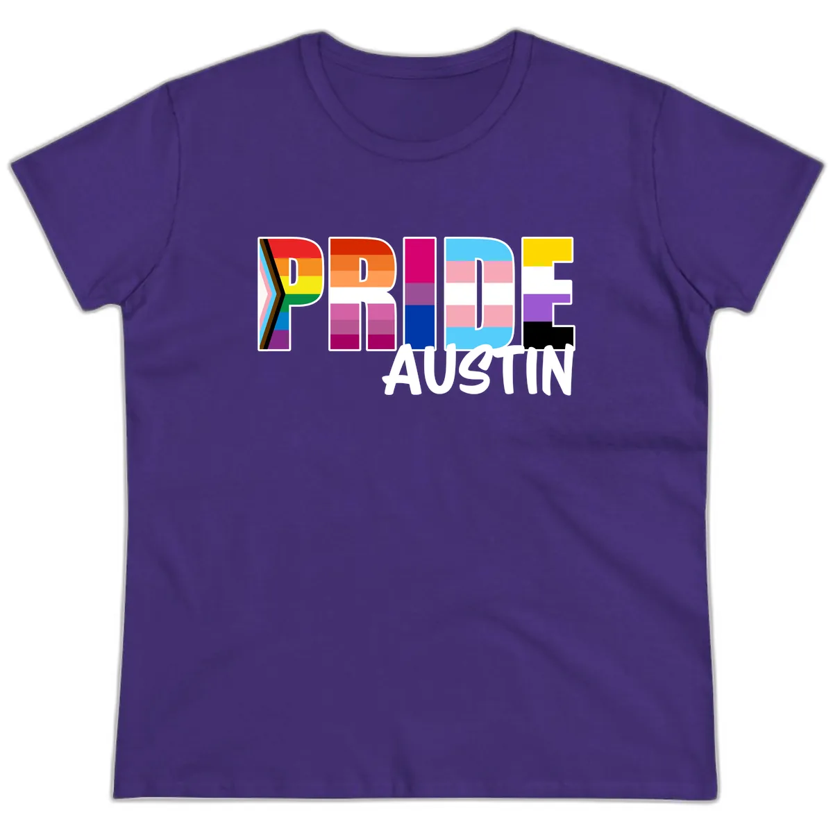 Pride Austin Rainbow Letters Ladies Tee in Purple