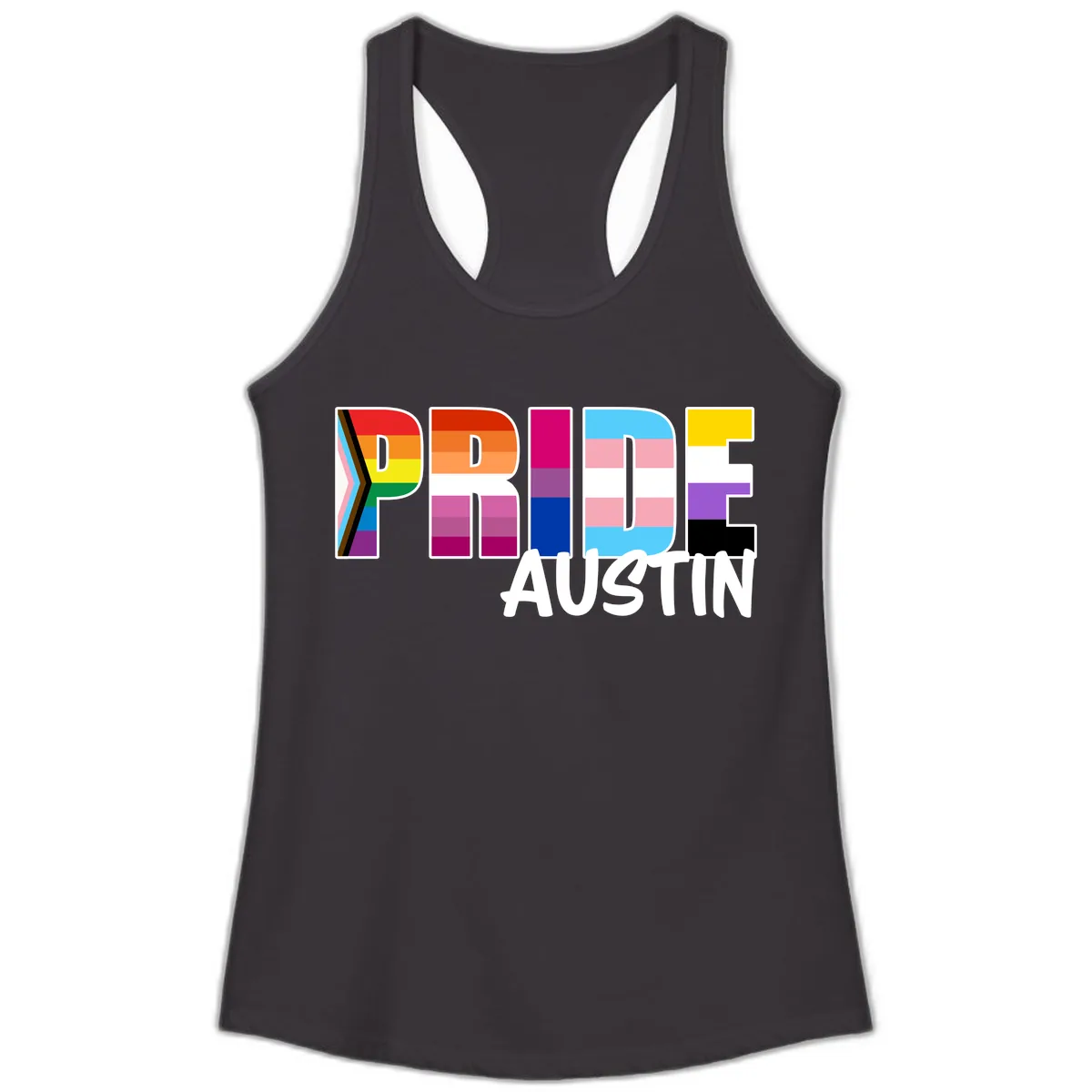 Pride Austin Rainbow Letters Ladies Tank in Black