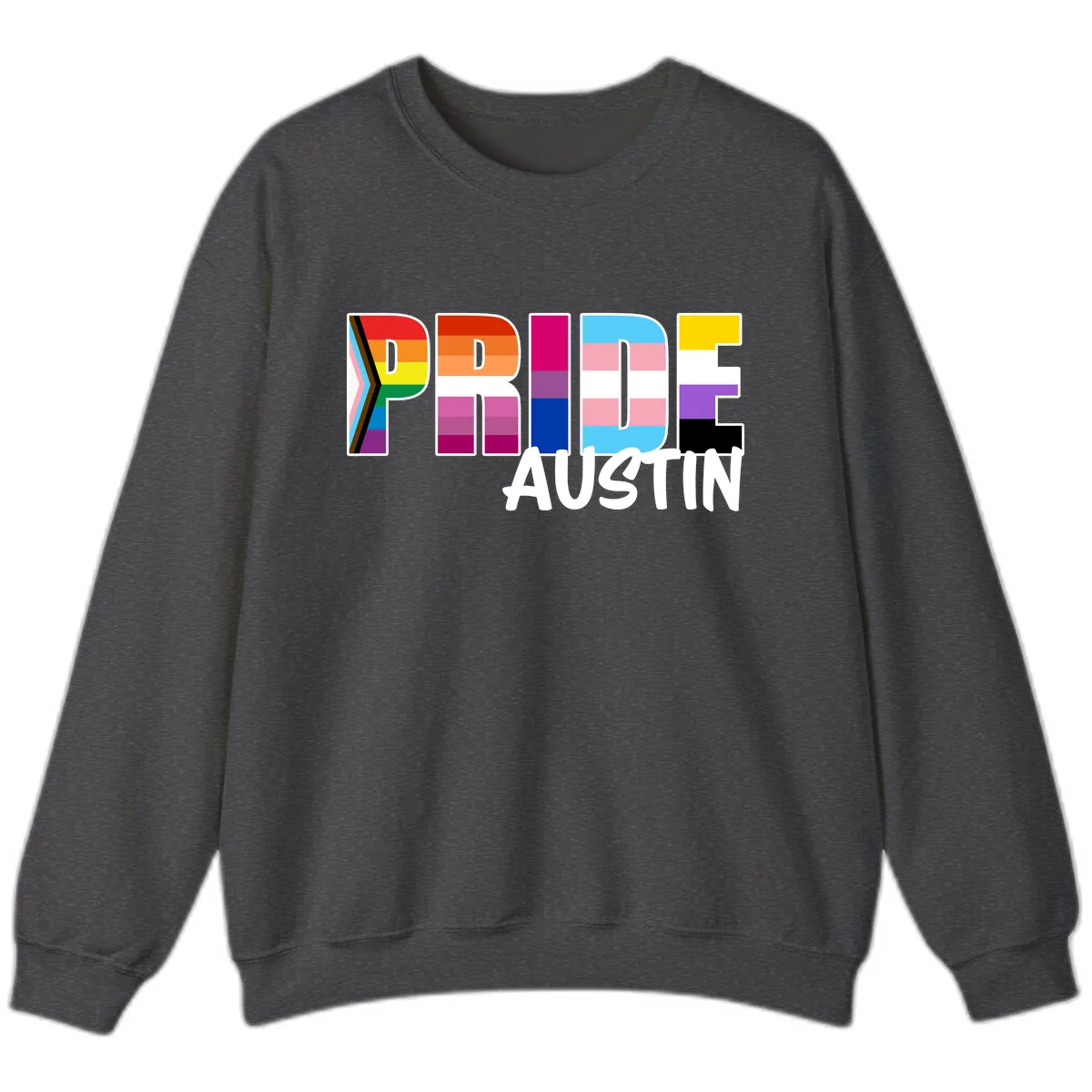 Pride Austin Rainbow Letters Sweatshirt in Dark Heather