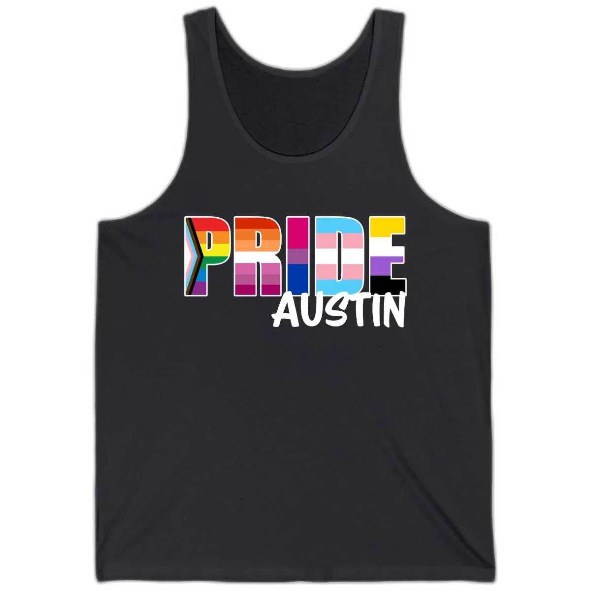 Pride Austin Rainbow Letters Tank in Dark Grey
