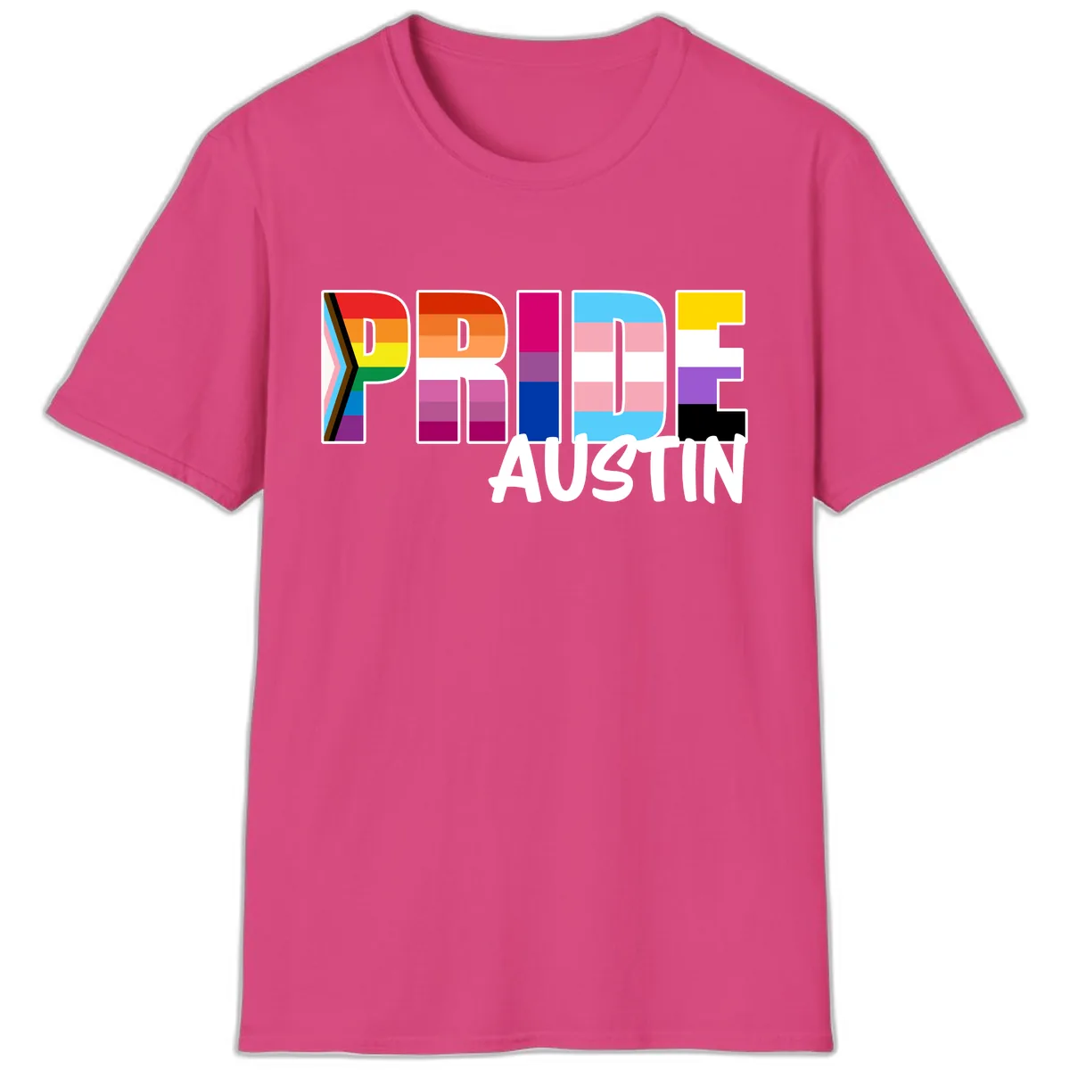 Pride Austin Rainbow Letters T-Shirt in Heliconia