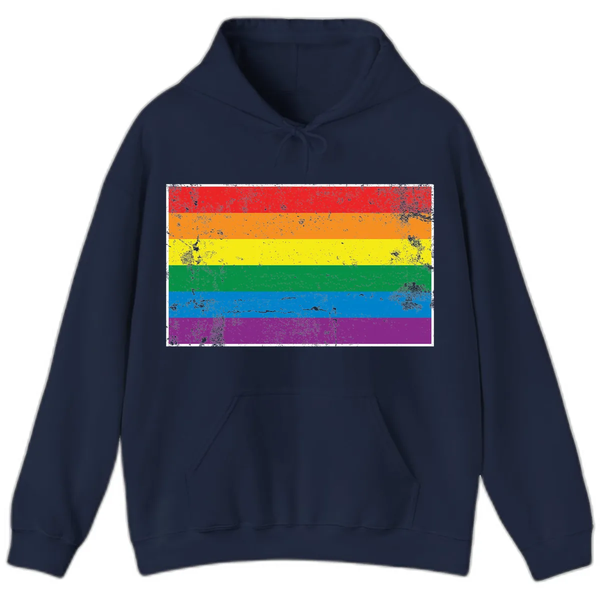 Rainbow Pride Flag Distressed Hoodie in Navy