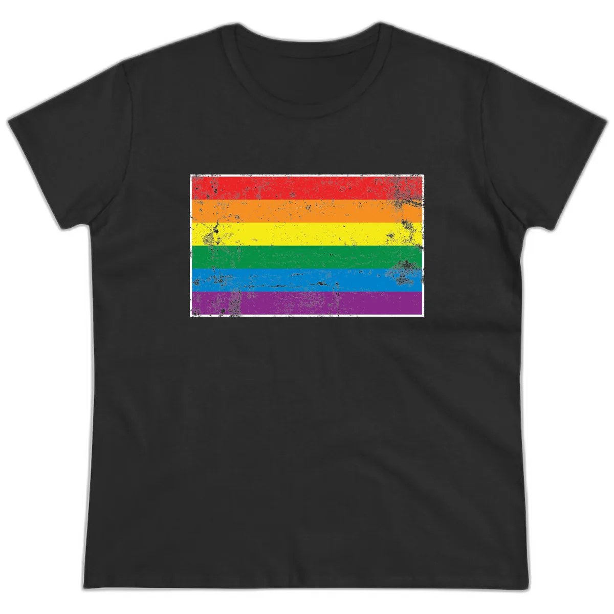 Rainbow Pride Flag Distressed Ladies Tee in Black