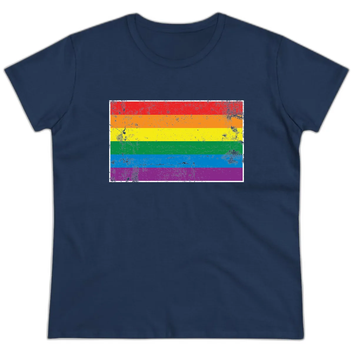 Rainbow Pride Flag Distressed Ladies Tee in Navy