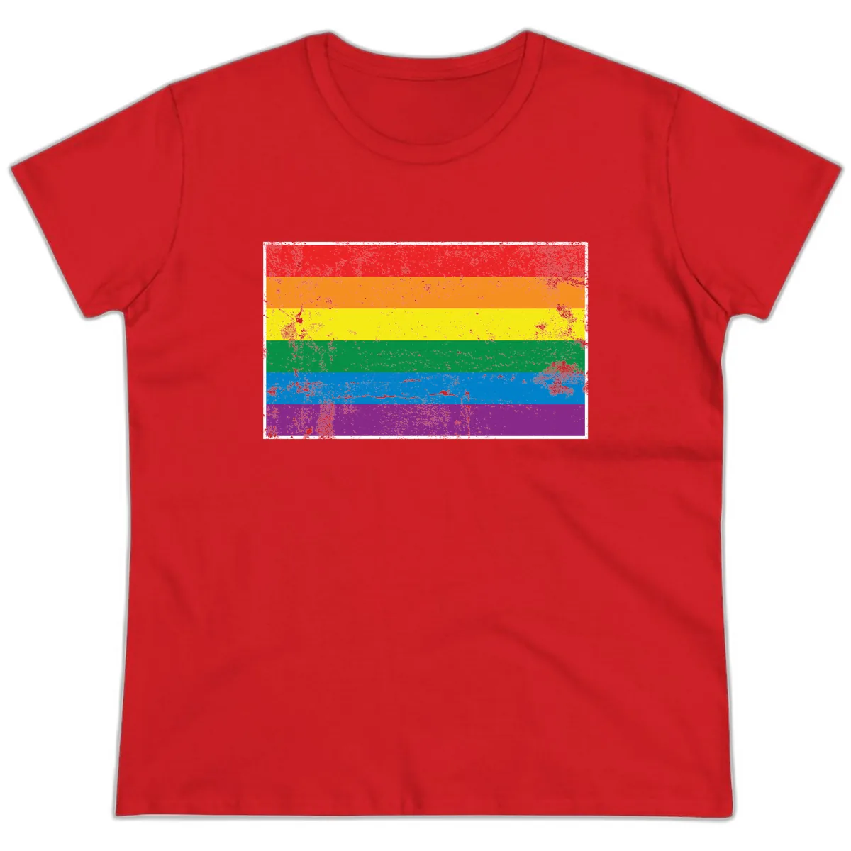 Rainbow Pride Flag Distressed Ladies Tee in Red
