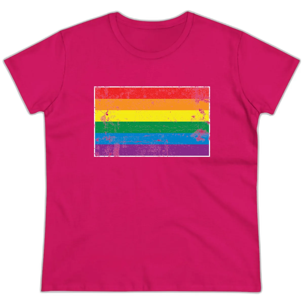 Rainbow Pride Flag Distressed Ladies Tee in Heliconia