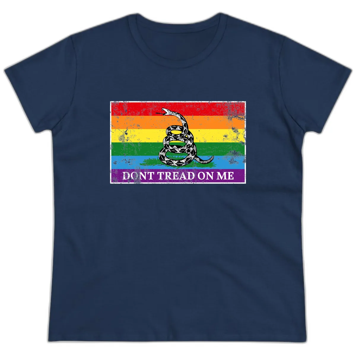 Don't Tread On Me Pride Flag Ladies Tee in Navy