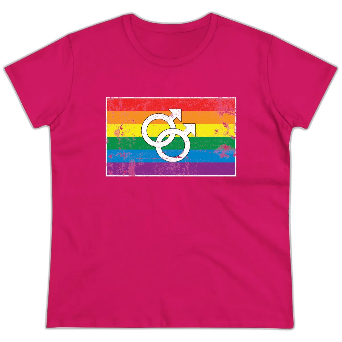 Double Male Symbol Pride Flag Ladies Tee in Heliconia