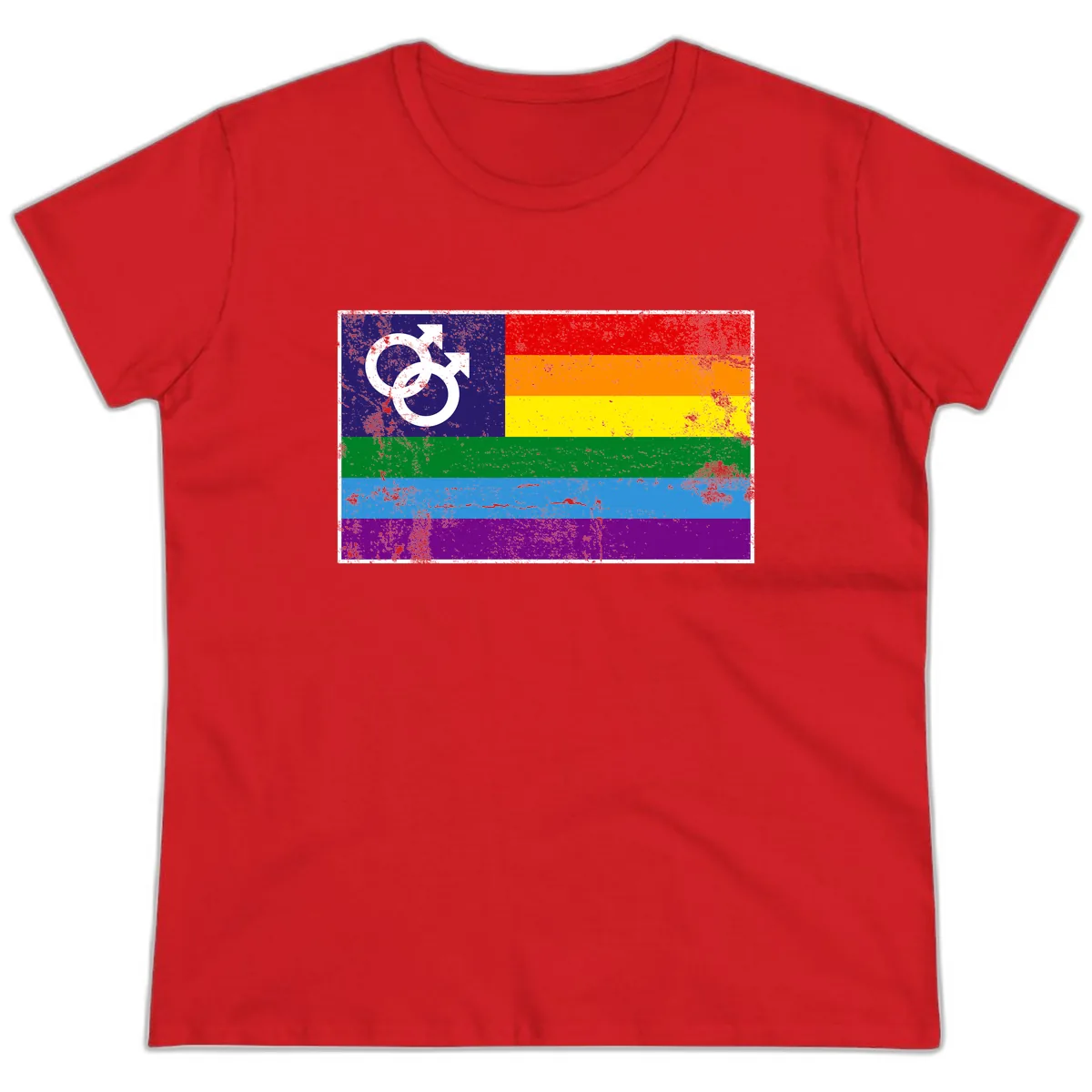 Rainbow Pride Flag With Gender Symbol Ladies Tee in Red