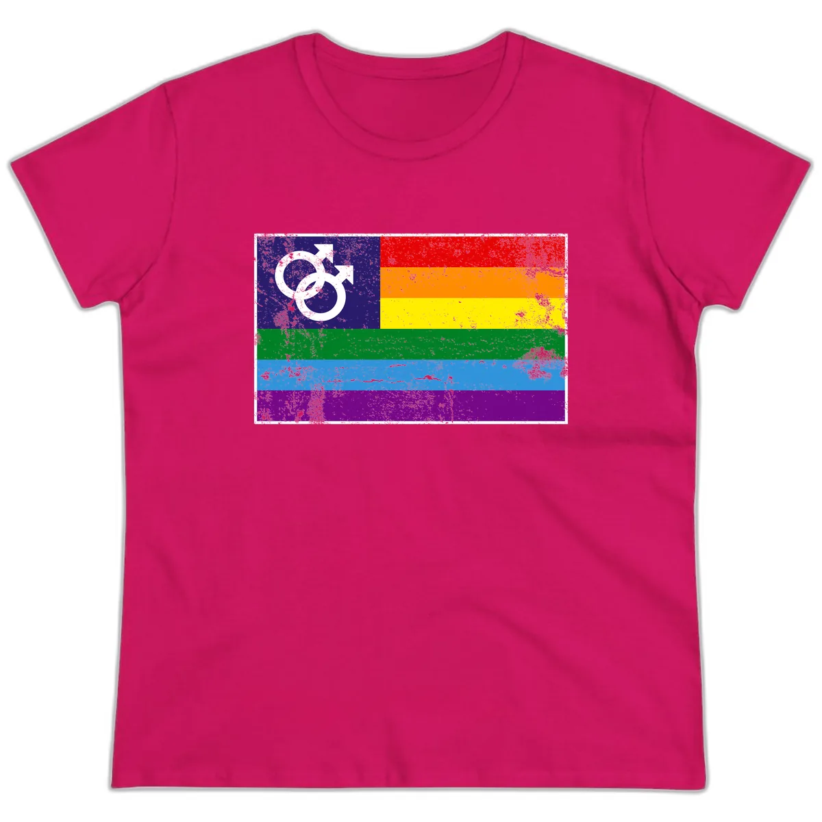Rainbow Pride Flag With Gender Symbol Ladies Tee in Heliconia