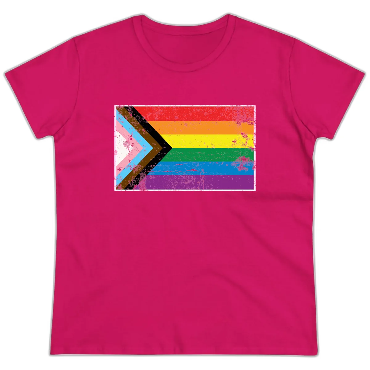 Progress Pride Flag Intersectional Design Ladies Tee in Heliconia