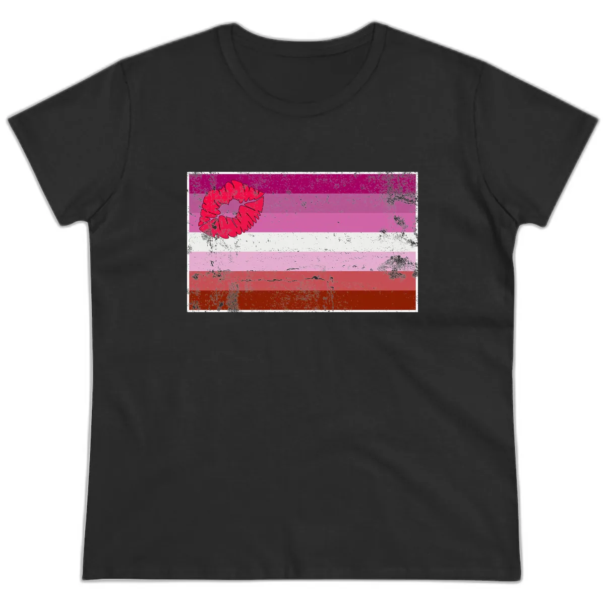 Lipstick Kiss Pride Flag Ladies Tee in Black