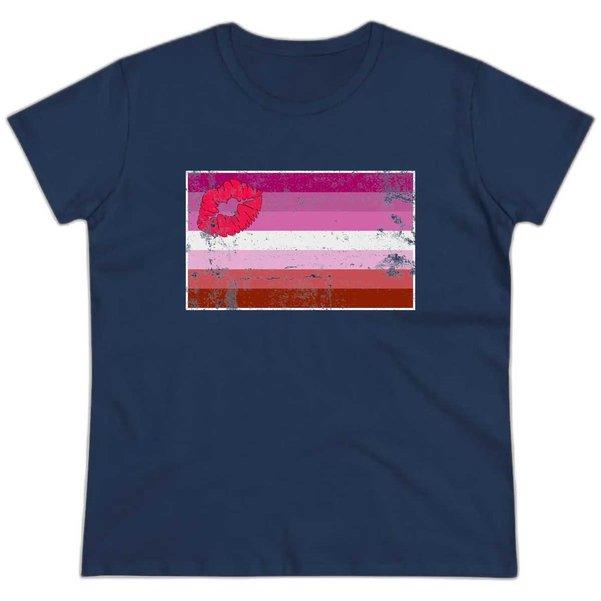 Lipstick Kiss Pride Flag Ladies Tee in Navy
