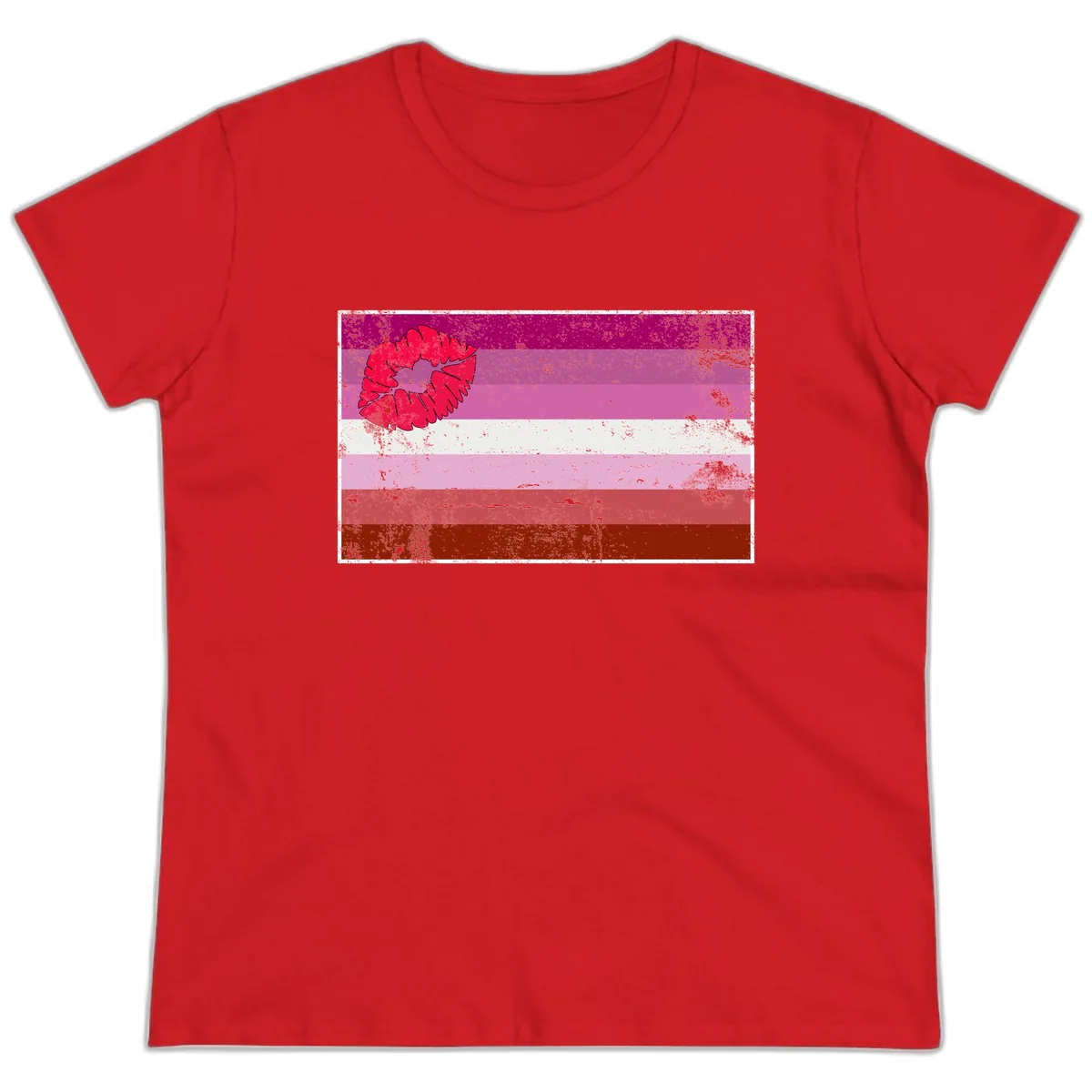 Lipstick Kiss Pride Flag Ladies Tee in Red