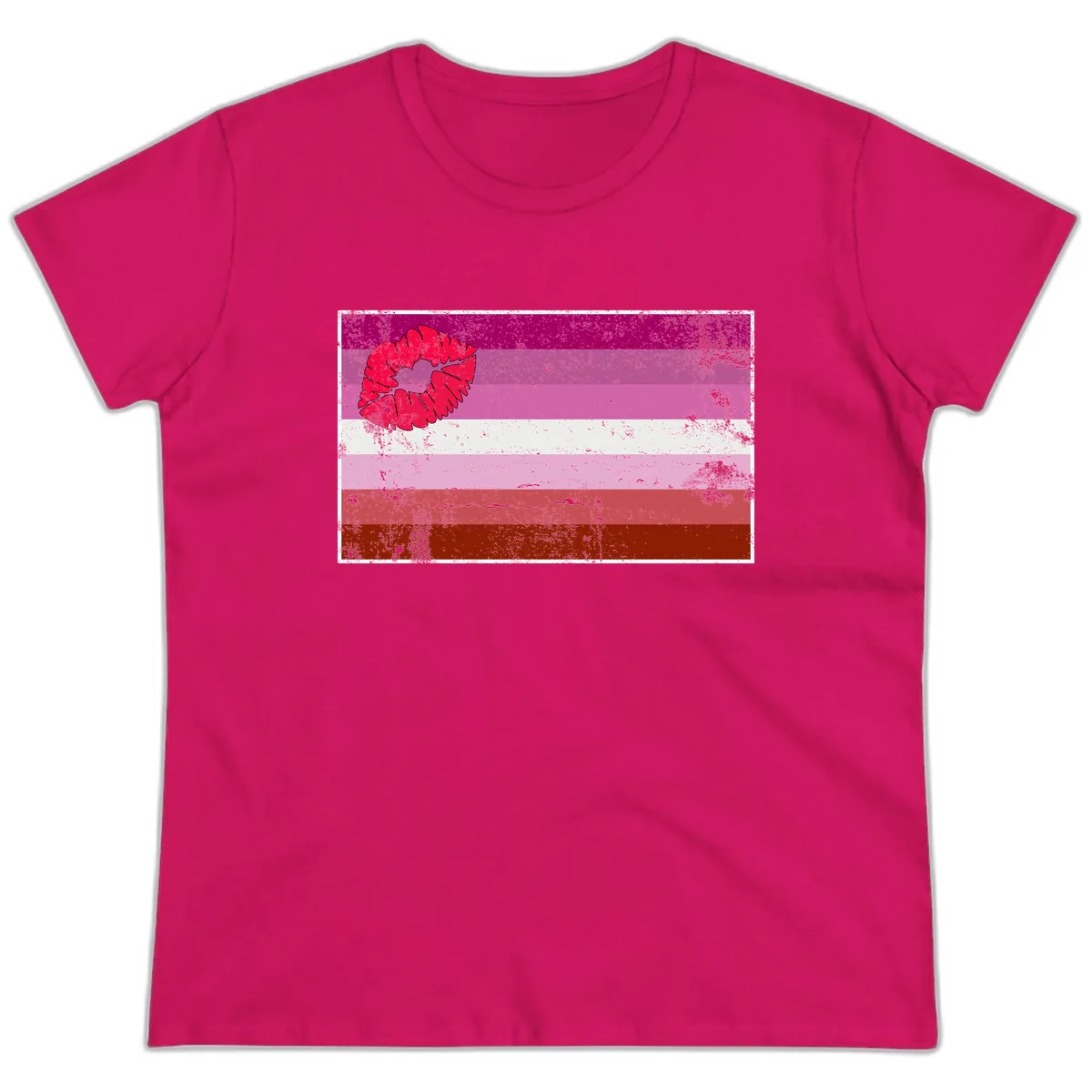 Lipstick Kiss Pride Flag Ladies Tee in Heliconia