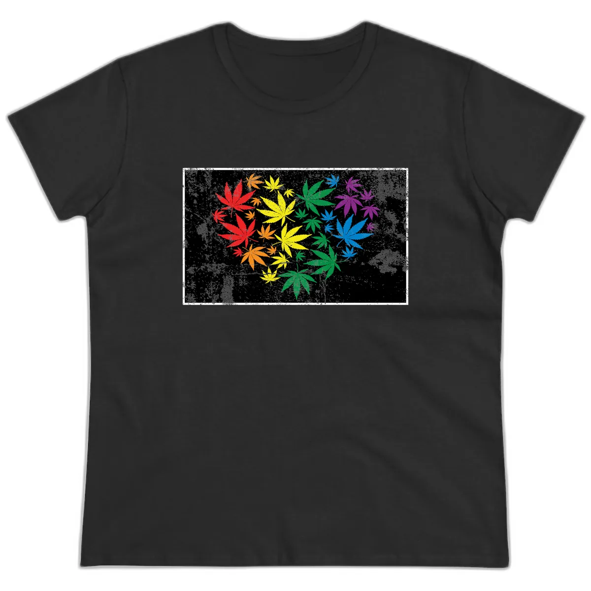 Rainbow Cannabis Leaf Pride Design Ladies Tee in Black