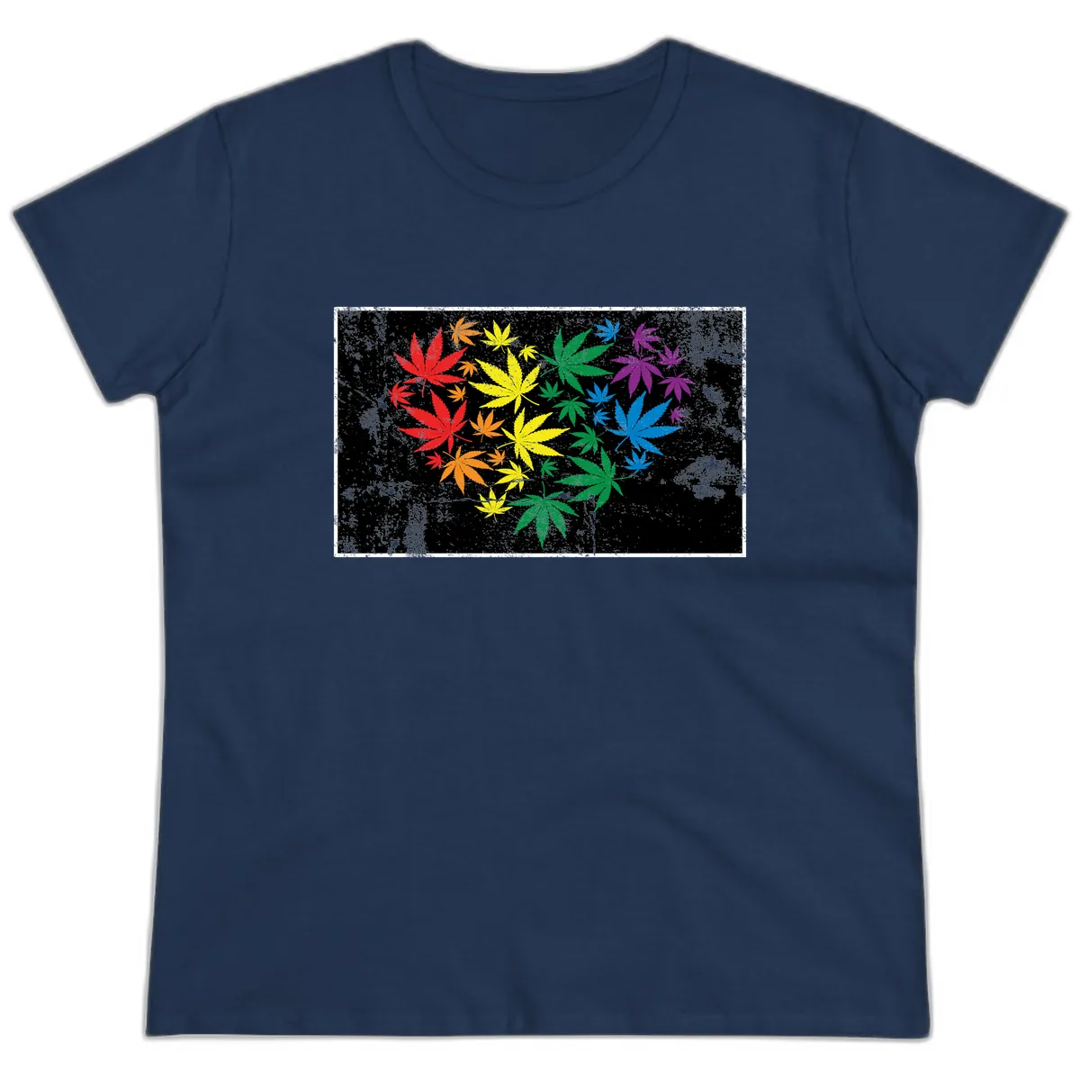 Rainbow Cannabis Leaf Pride Design Ladies Tee in Navy