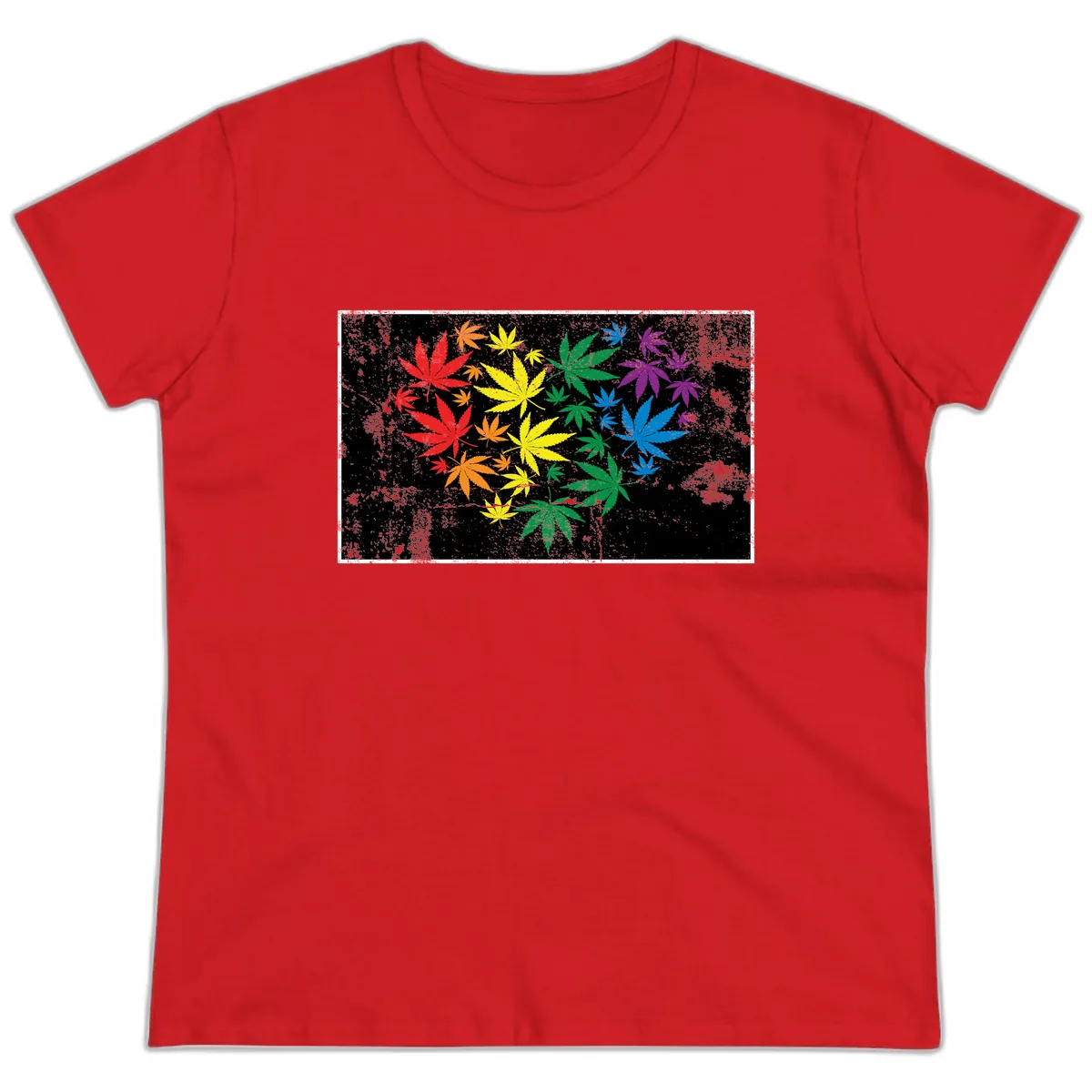Rainbow Cannabis Leaf Pride Design Ladies Tee in Red
