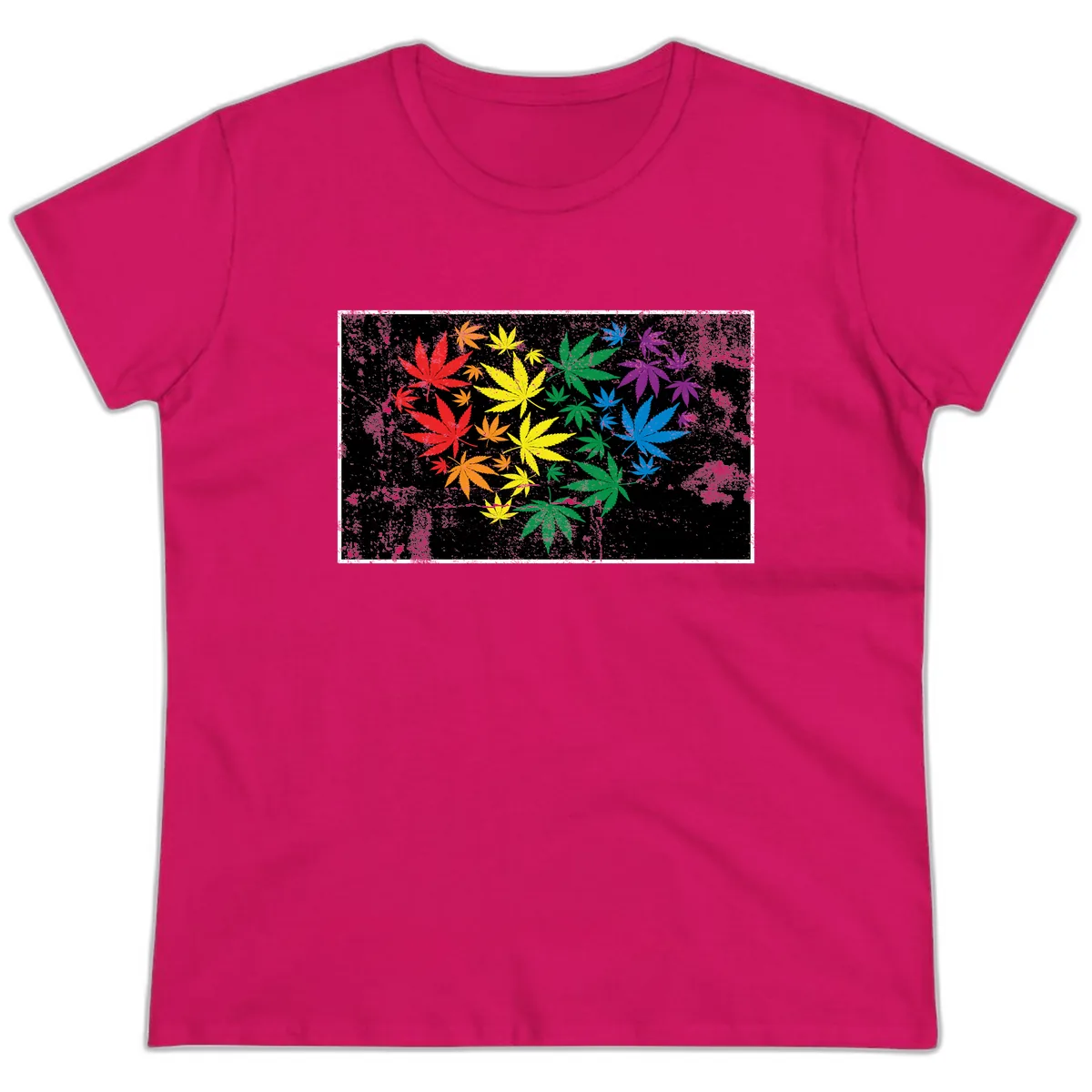 Rainbow Cannabis Leaf Pride Design Ladies Tee in Heliconia