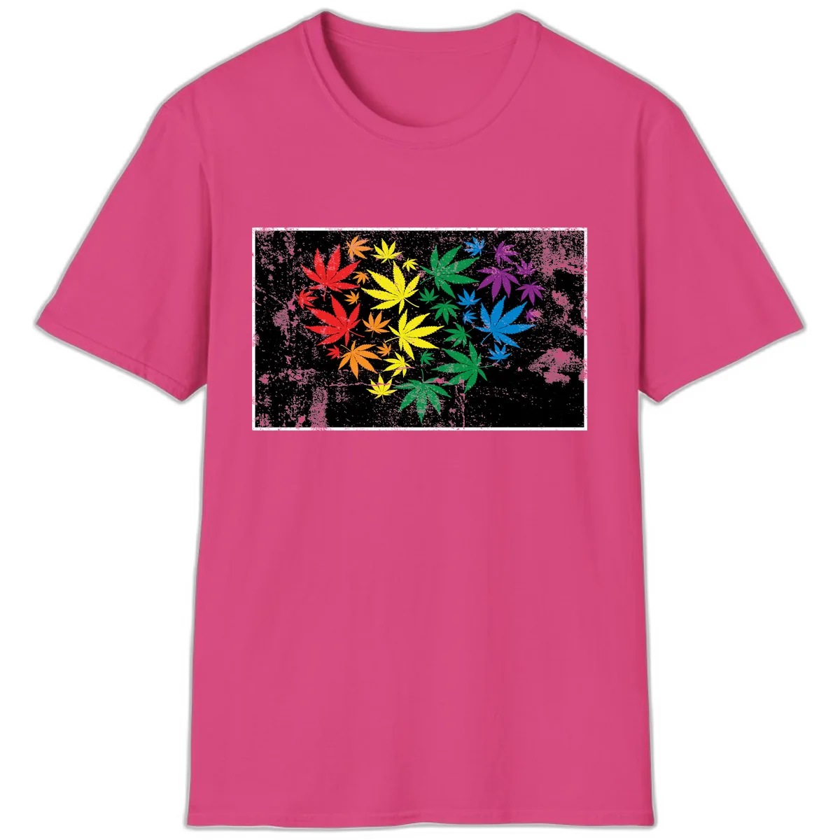 Rainbow Cannabis Leaf Pride Design T-Shirt in Heliconia