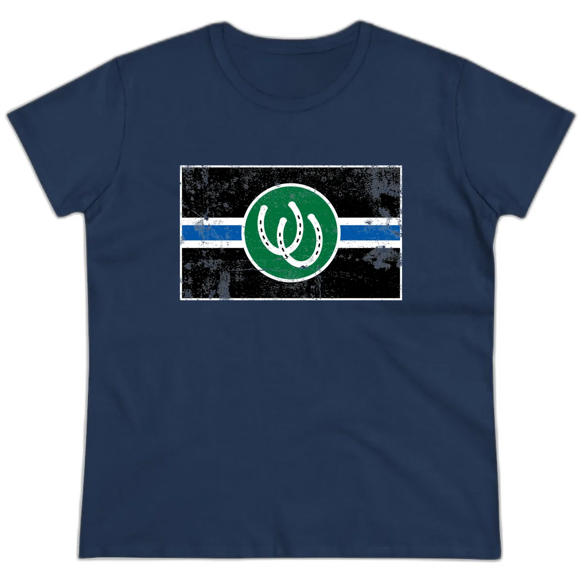 Lucky Horseshoe Stripe Ladies Tee in Navy