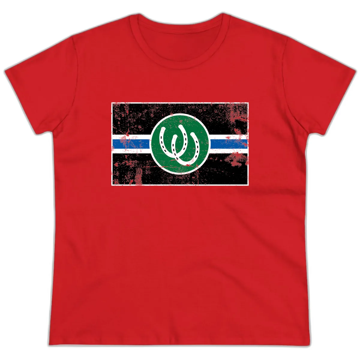 Lucky Horseshoe Stripe Ladies Tee in Red