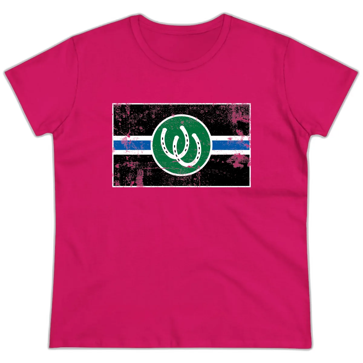 Lucky Horseshoe Stripe Ladies Tee in Heliconia