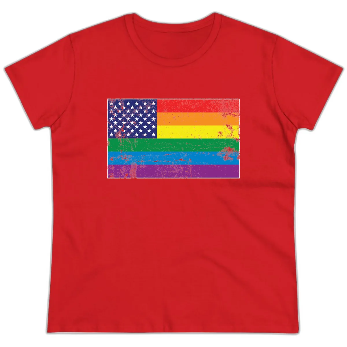 American Rainbow Pride Flag Ladies Tee in Red