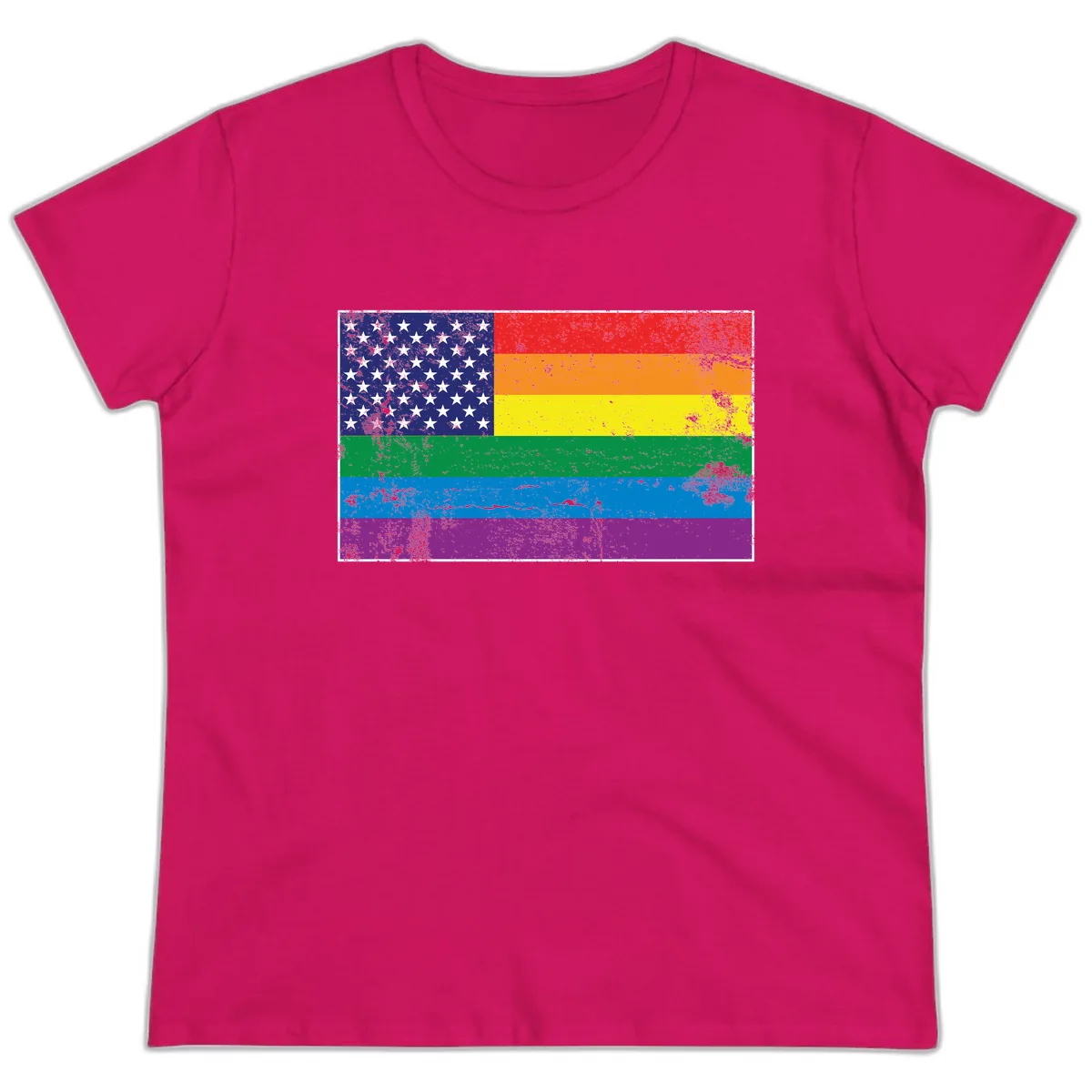American Rainbow Pride Flag Ladies Tee in Heliconia