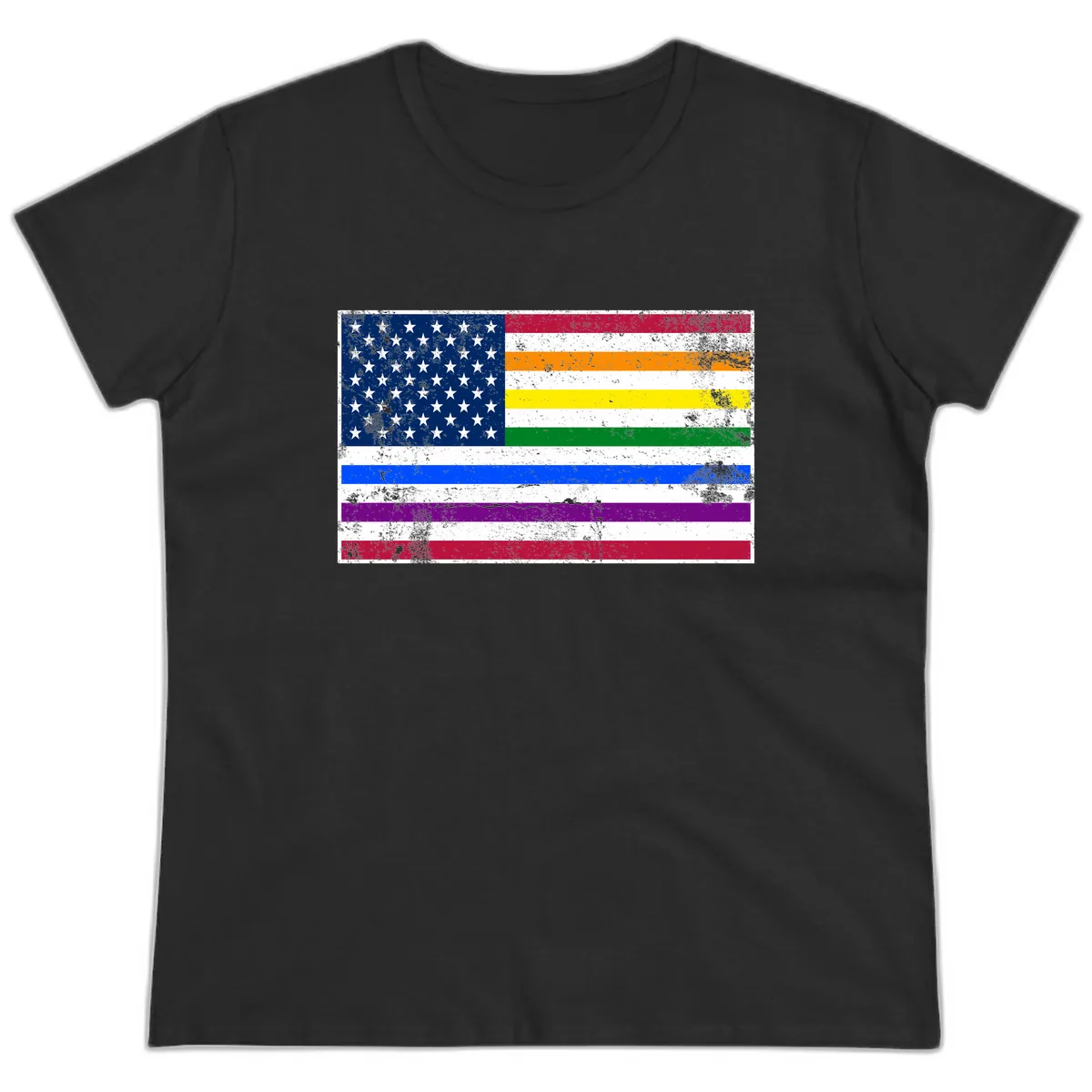 Progress Pride American Flag Ladies Tee in Black