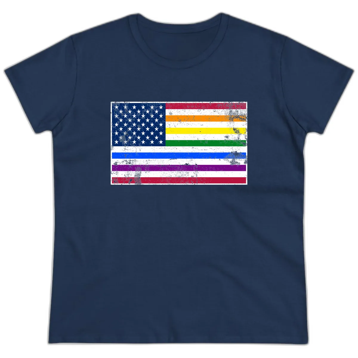 Progress Pride American Flag Ladies Tee in Navy