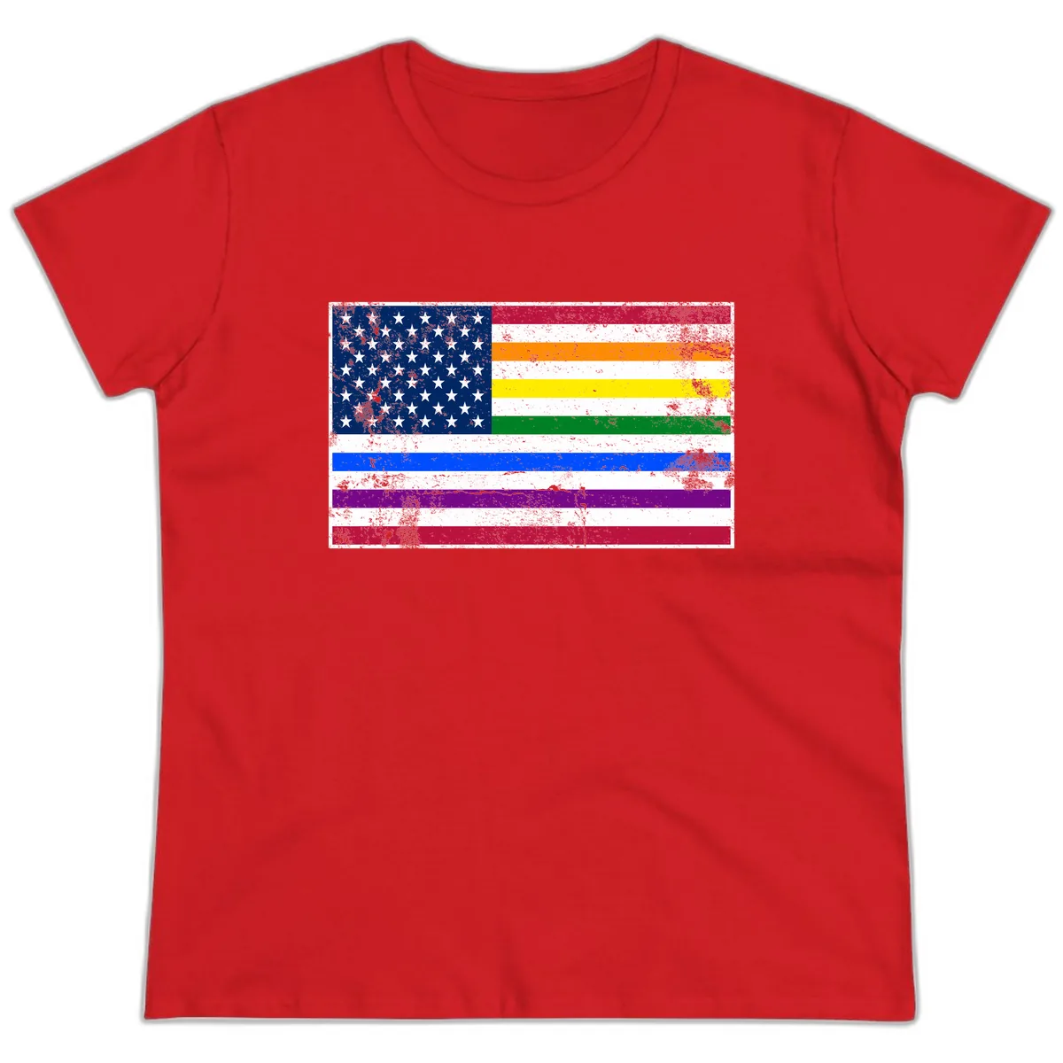 Progress Pride American Flag Ladies Tee in Red