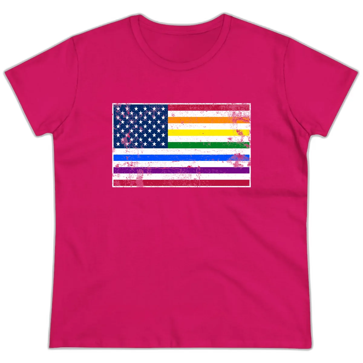 Progress Pride American Flag Ladies Tee in Heliconia