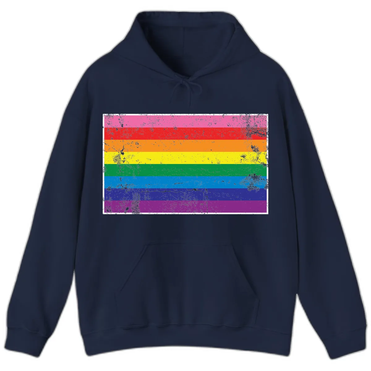 Rainbow Pride Flag Distressed Hoodie in Navy