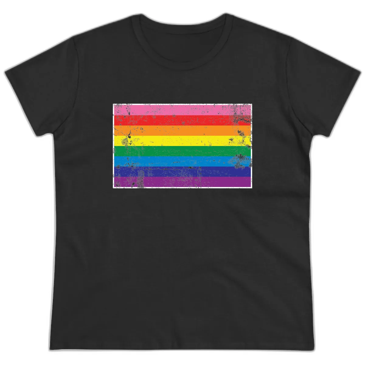 Rainbow Pride Flag Distressed Ladies Tee in Black