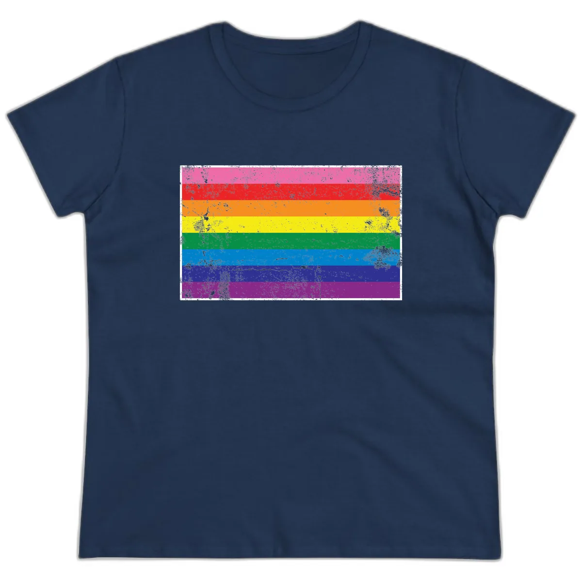 Rainbow Pride Flag Distressed Ladies Tee in Navy