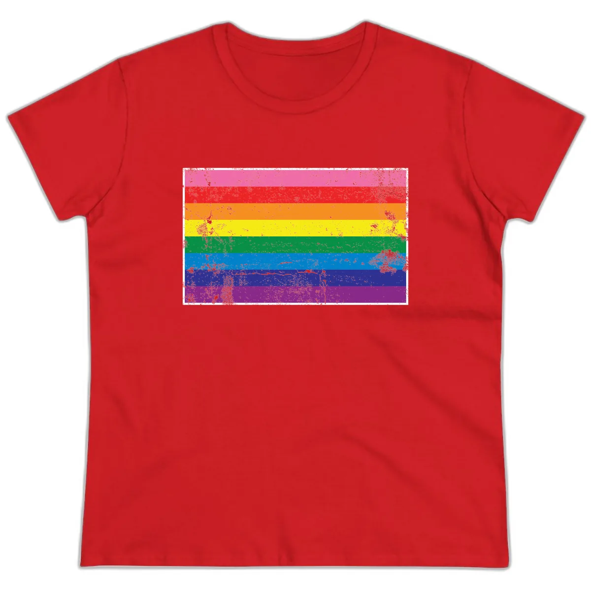 Rainbow Pride Flag Distressed Ladies Tee in Red