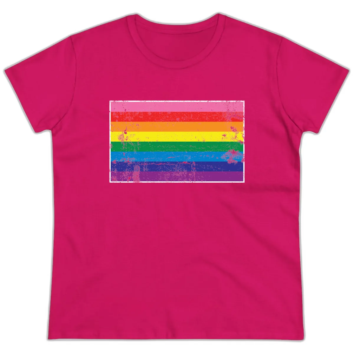 Rainbow Pride Flag Distressed Ladies Tee in Heliconia