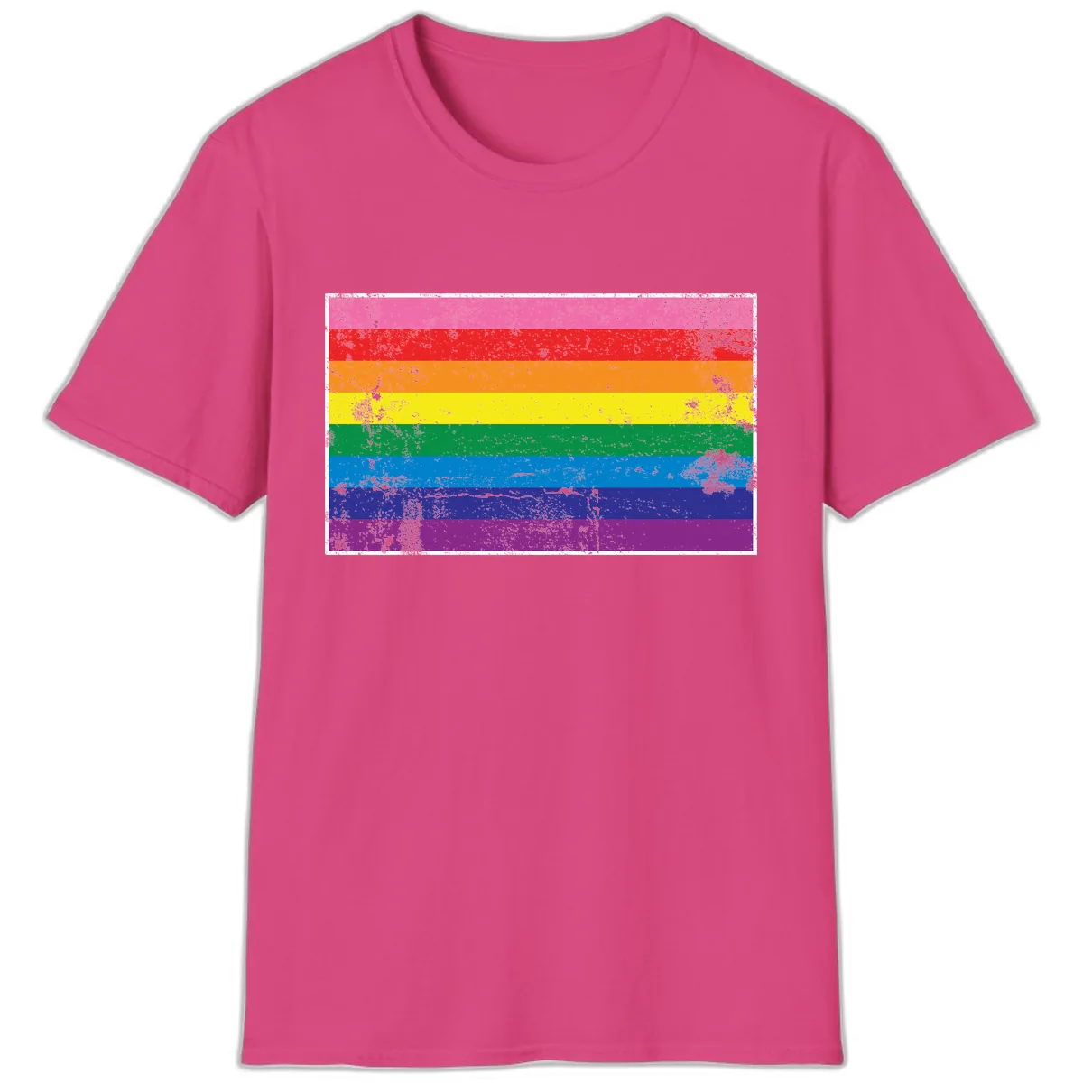 Rainbow Pride Flag Distressed T-Shirt in Heliconia