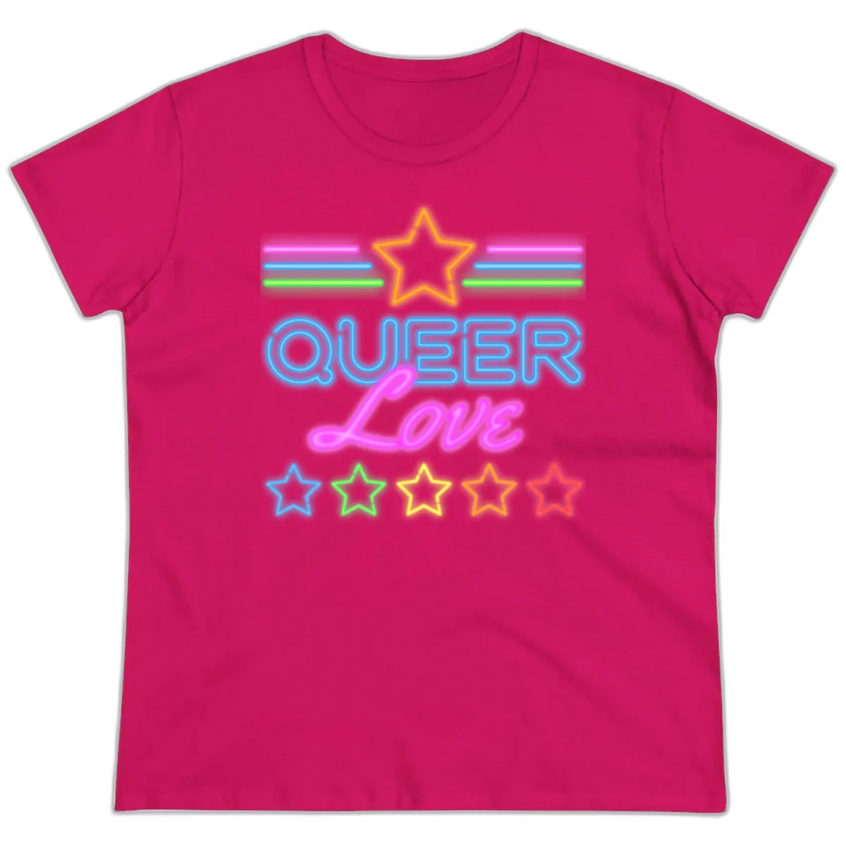 Queer Love Neon Pride Ladies Tee in Heliconia