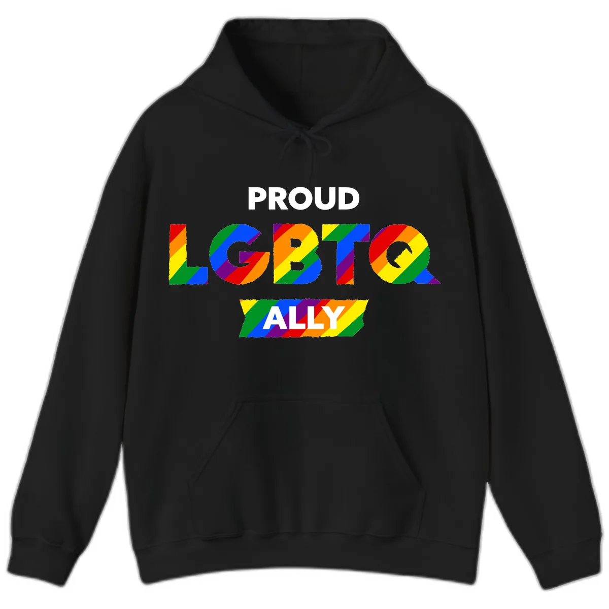 Proud LGBTQ Ally Rainbow Letters Hoodie in Black